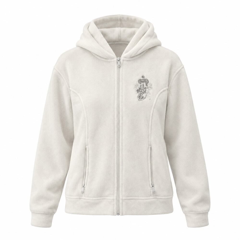 Disney Parks Minnie Mouse Cream Fleece Full Zip Hoodie Jacket Cream Gold Large L